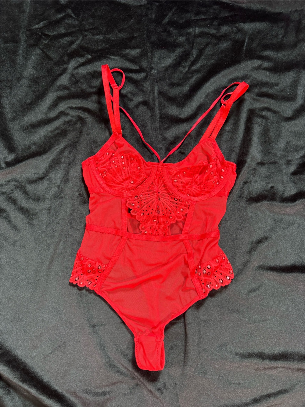 Auden Red Lace Garter Bodysuit with Embellished Cups